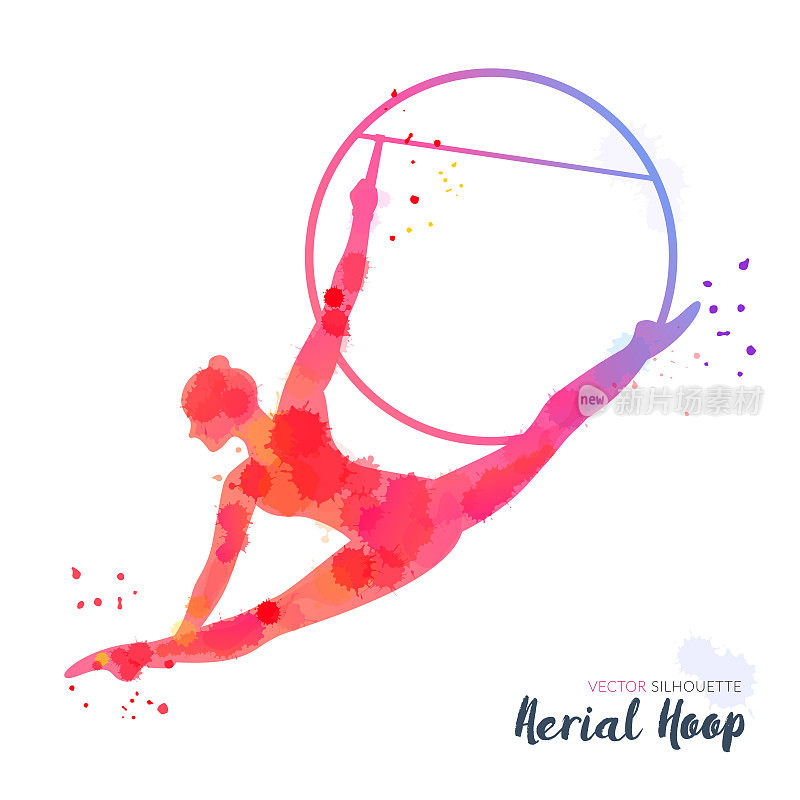 Silhouettes of a gymnast in the aerial hoop. Vector watercolor illustration on a white background. Air gymnastics concept